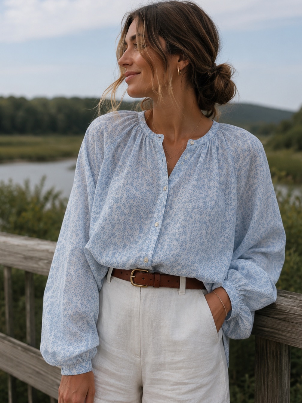 Laura Ashley Light Blue Floral Sheer Button Blouse Size: Us:L Nwt Linen